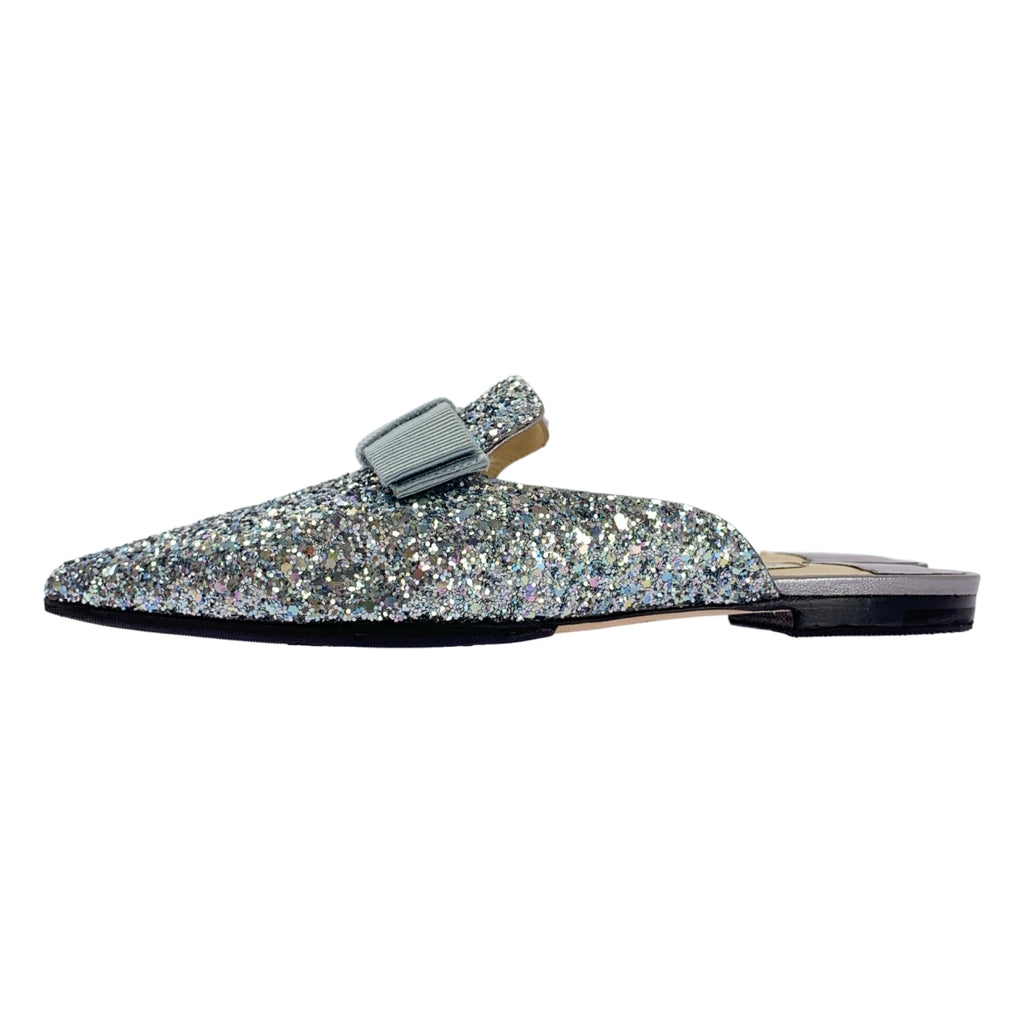 JIMMY CHOO / ジミーチュウ | グリッター リボン ポインテッドトゥ ミュール サンダル | 35 1/2 | レディース