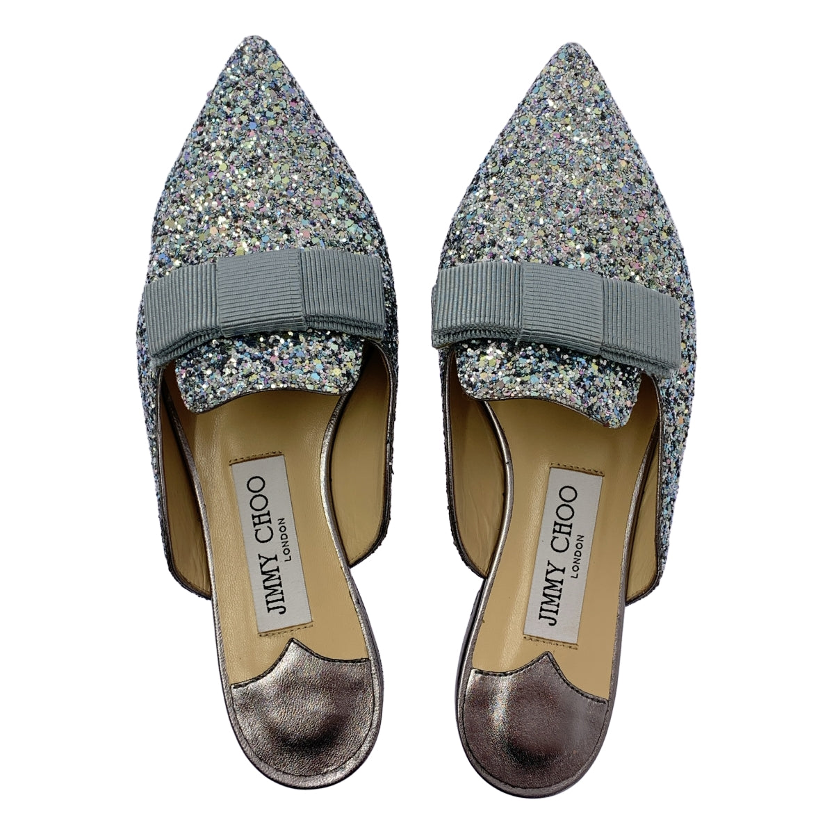 JIMMY CHOO / ジミーチュウ | グリッター リボン ポインテッドトゥ ミュール サンダル | 35 1/2 | レディース