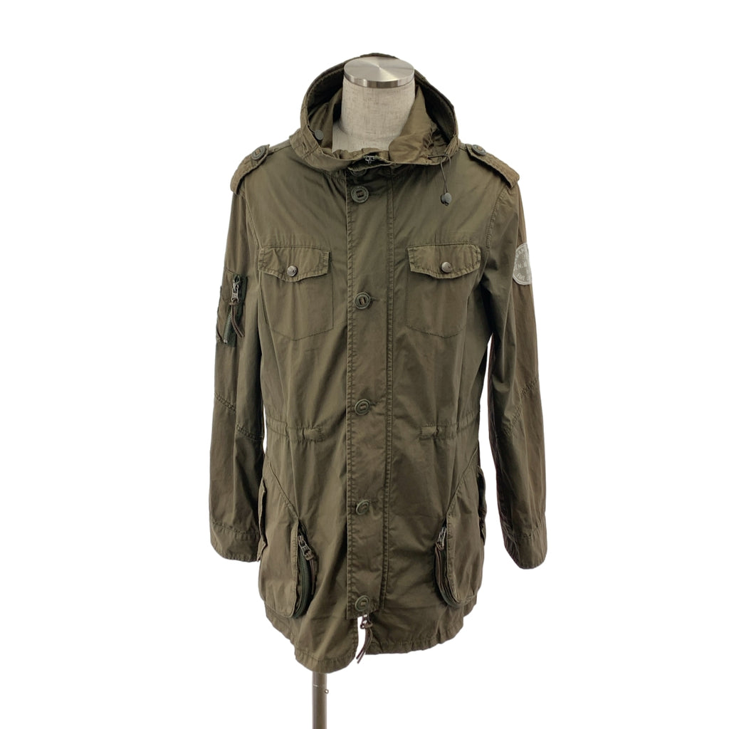 ARMANI JEANS / アルマーニジーンズ | ヴィンテージ加工 ロゴ ドローストリング ミリタリー モッズ コート フーディ | M | メンズ