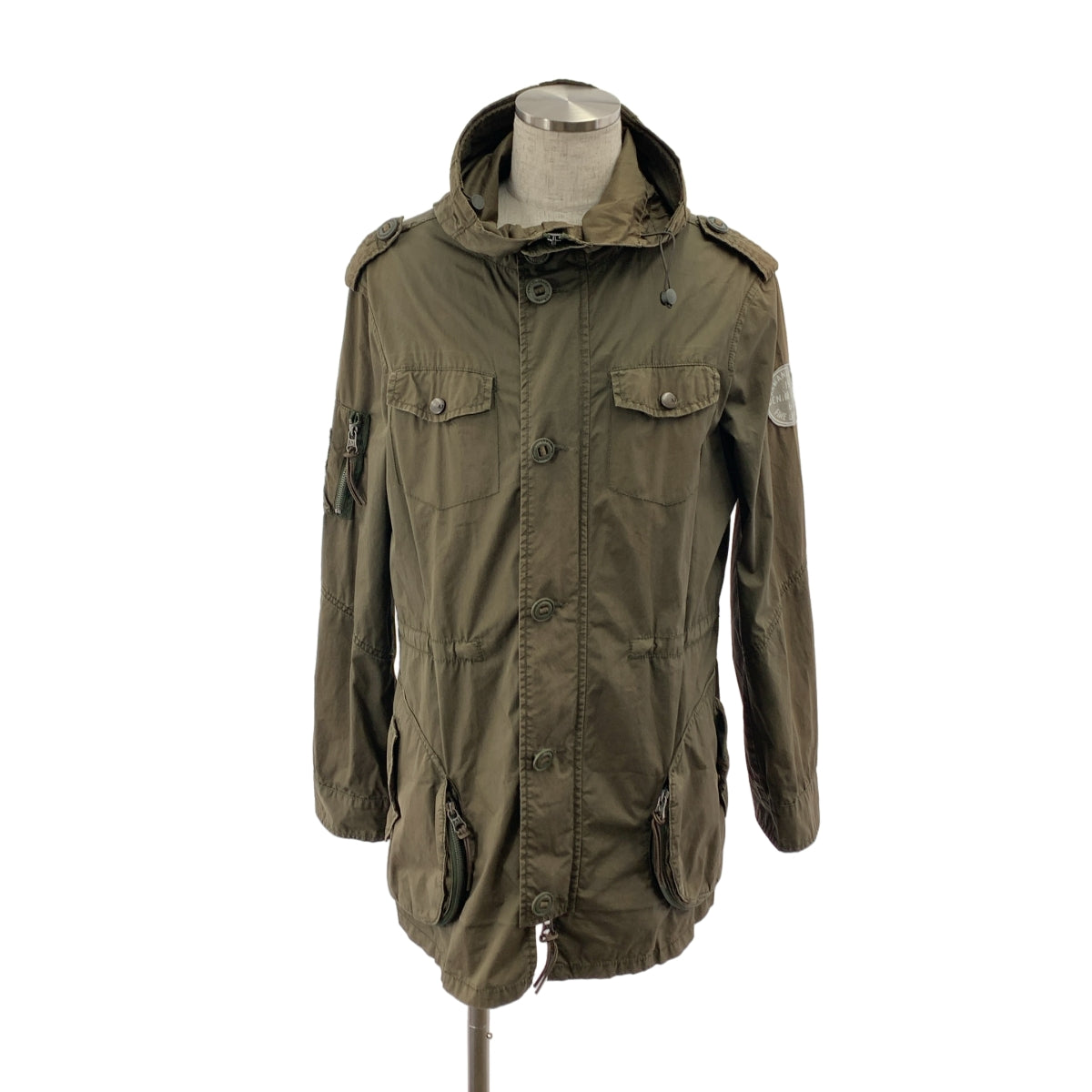 ARMANI JEANS / アルマーニジーンズ | ヴィンテージ加工 ロゴ ドローストリング ミリタリー モッズ コート フーディ | M | メンズ