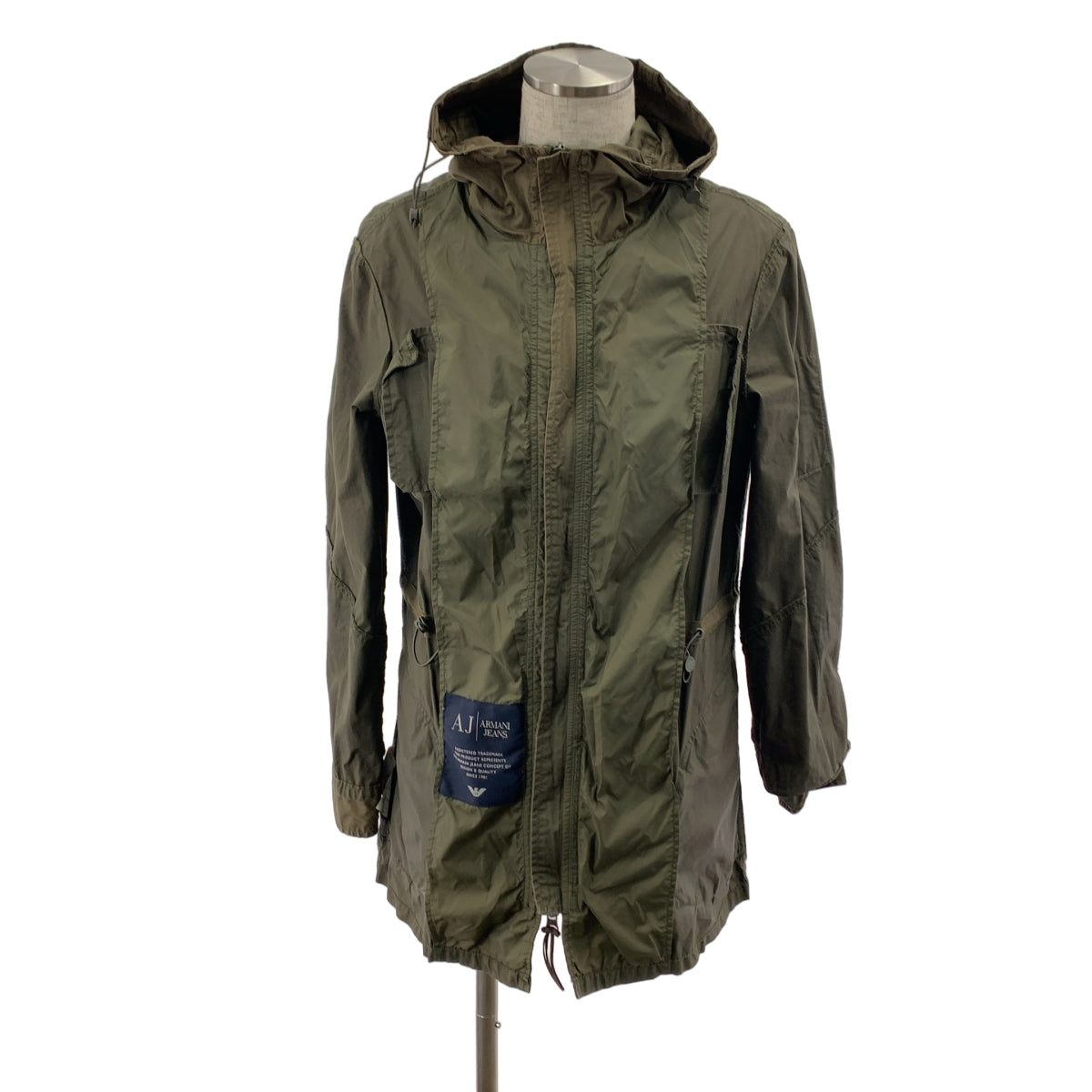 ARMANI JEANS / アルマーニジーンズ | ヴィンテージ加工 ロゴ ドローストリング ミリタリー モッズ コート フーディ | M | メンズ