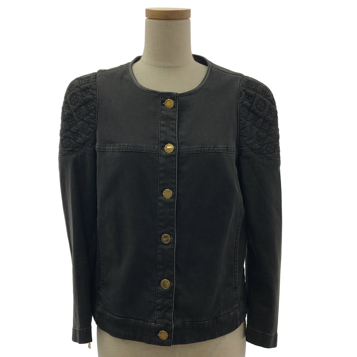 Louis Vuitton / ルイヴィトン | モノグラム エンブロイダリー ロゴボタン ラムレザーパイピング ノーカラー ジャケット | 38 |