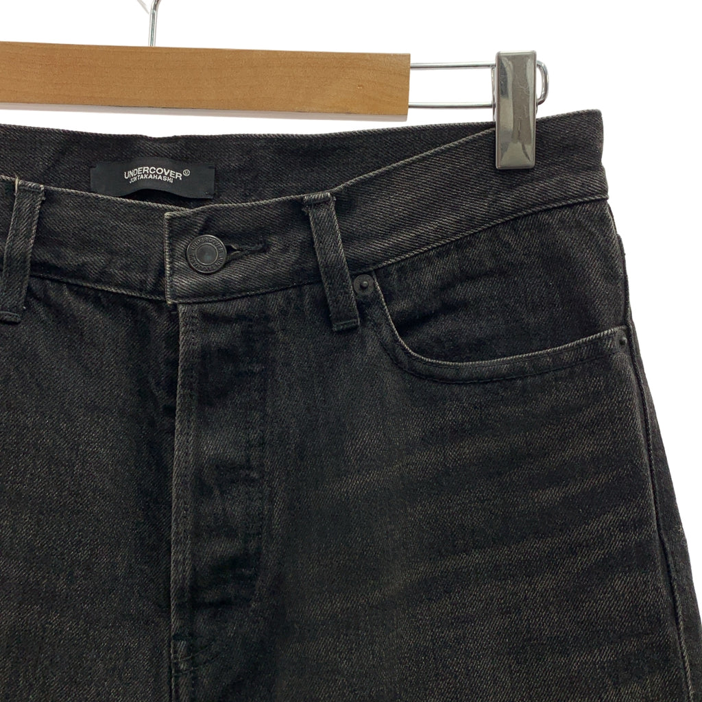 UNDER COVER / 언더 커버 | 2023AW | 드립 비즈 장식 가죽 로고 패치 세르빗치 블랙 데님 팬츠 |