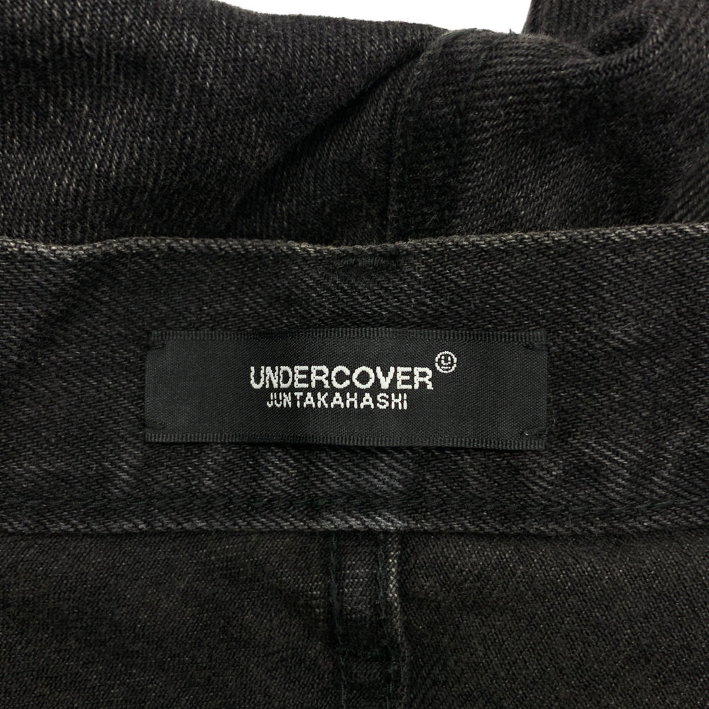 UNDER COVER / 언더 커버 | 2023AW | 드립 비즈 장식 가죽 로고 패치 세르빗치 블랙 데님 팬츠 |