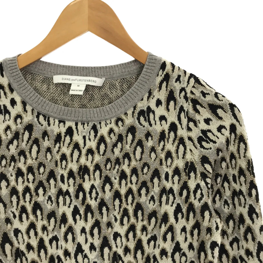 DIANE VON FURSTENBERG / ダイアンフォンファステンバーグ | レオパード 総柄 クルーネックニット | M | グレー/ブラック/オフホワイト | レディース