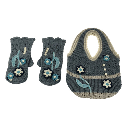 【新品】  Mame Kurogouchi / マメクロゴウチ | 2022AW | 2セット Floral Motif Hand－Knitted Handbag / ハンドバッグ × Floral Motif Hand－Knitted Gloves / グローブ 手袋 | 1 | blue | レディース