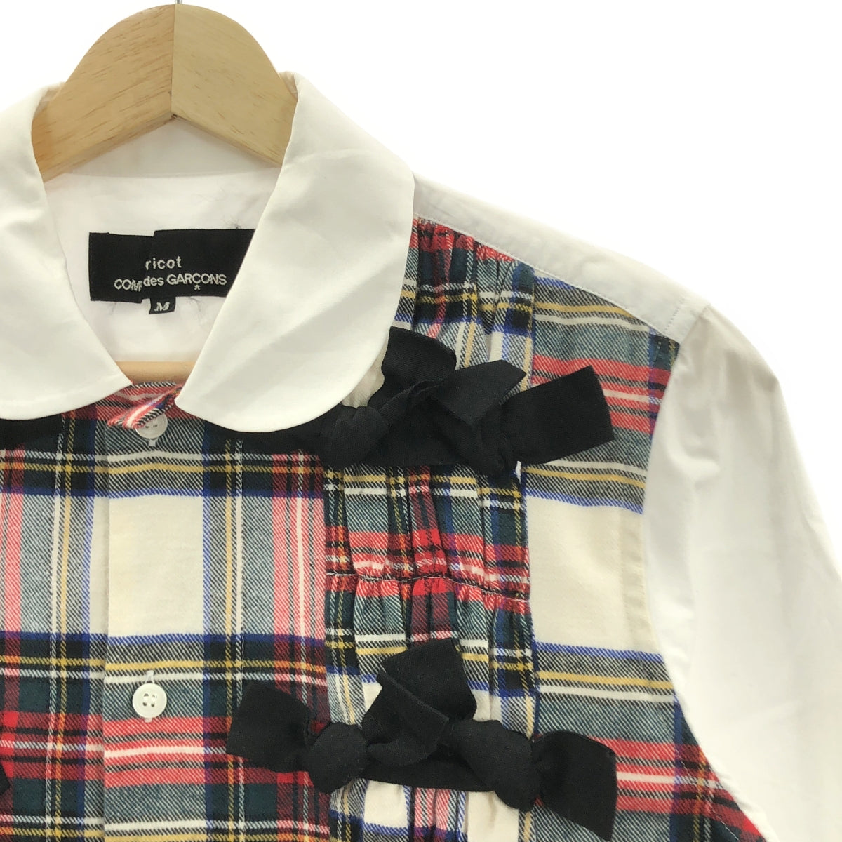 tricot COMME des GARCONS / 트리코콤 데 갤슨 | 2017AW | 다른 소재 체크 리본 장식 라운드 컬러 셔츠 | M | 여성