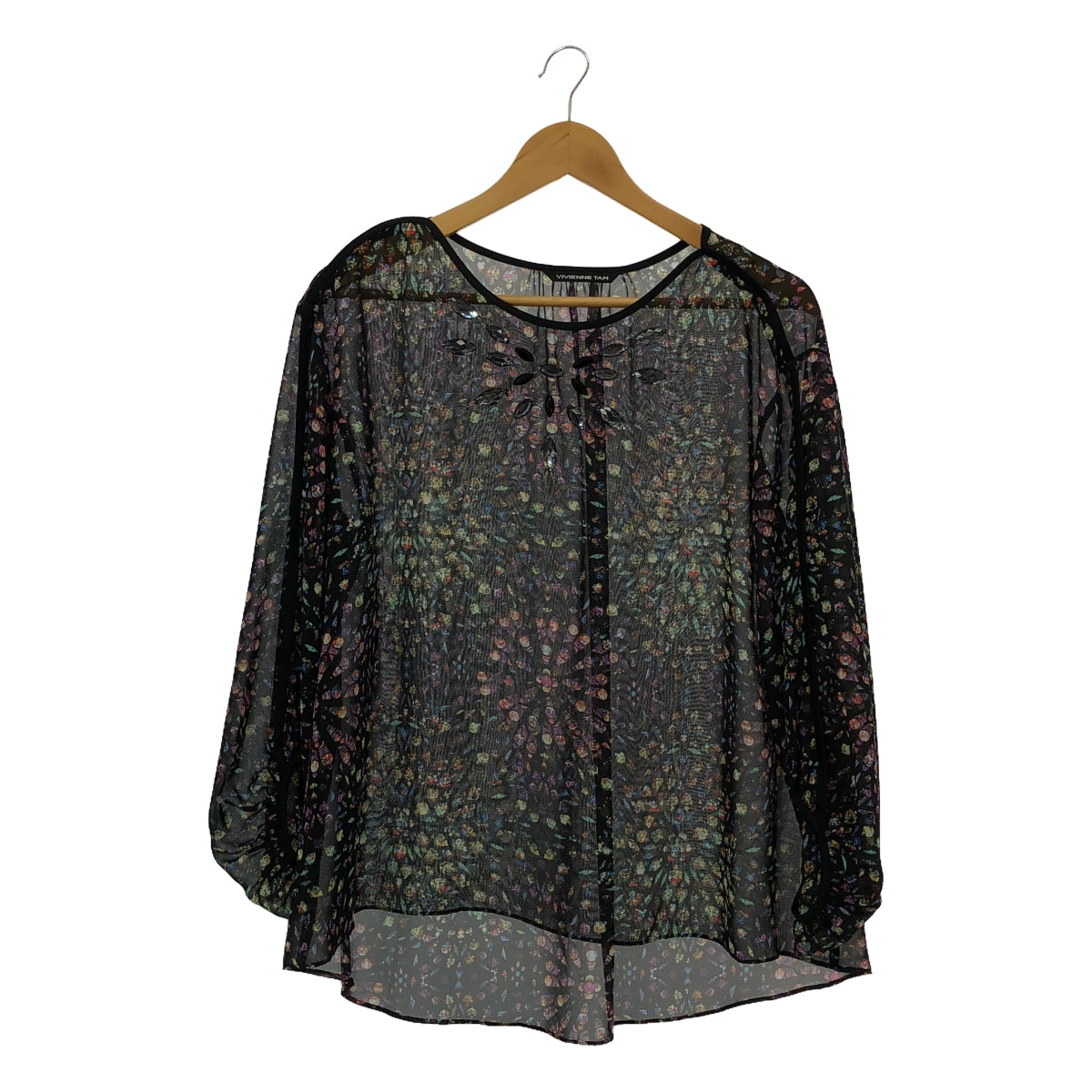 VIVIENNE TAM | Beaded all-over print sheer back gathered blouse top | - | Women's