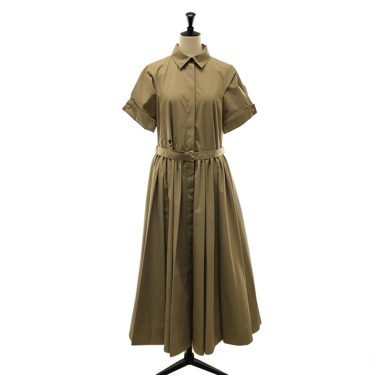 Christian Dior / クリスチャンディオール | コットン Bee刺しゅうギャザー ベルテット 半袖ワンピース | 38 | レディース