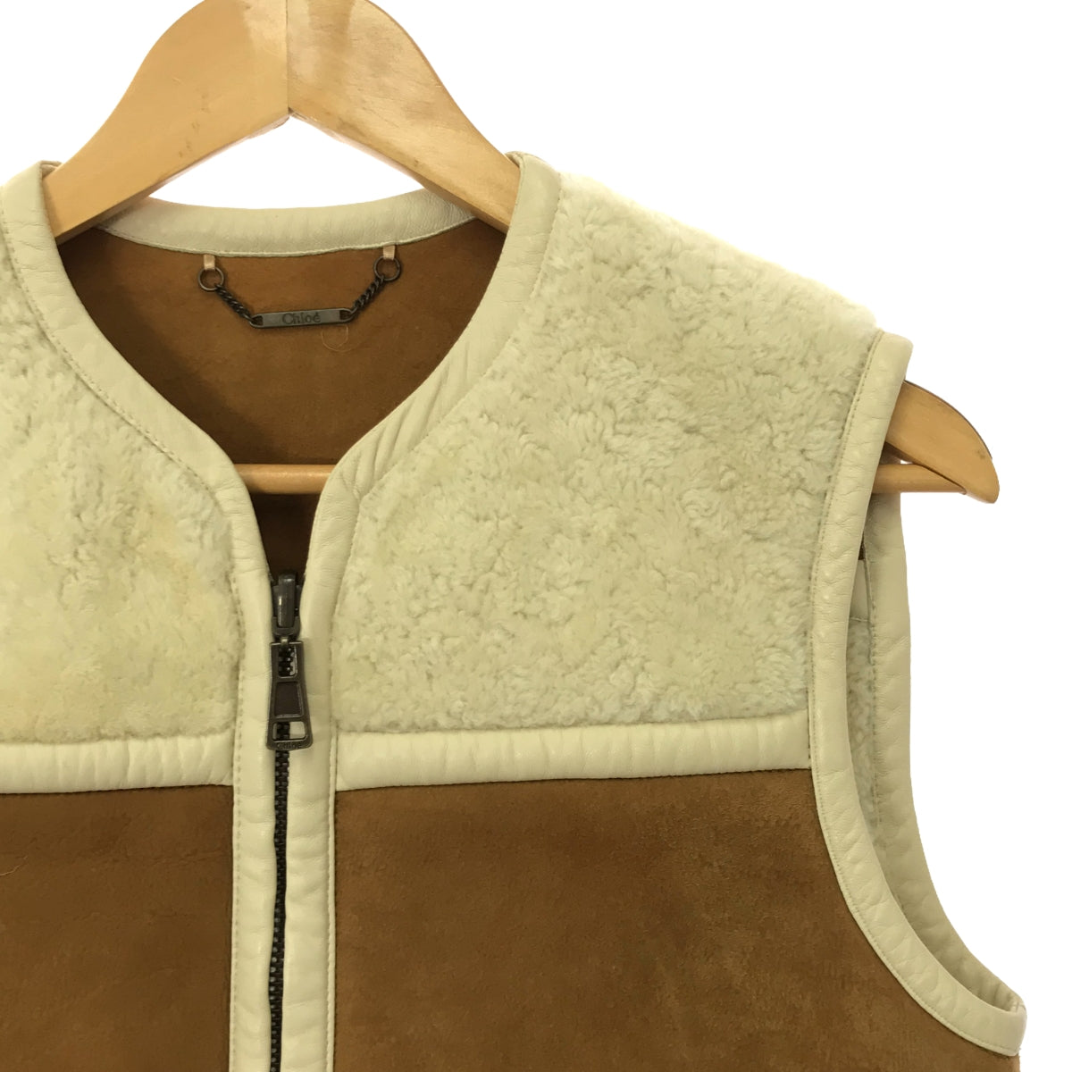 Chloe | Reversible Mouton Boa Vest | 34 | Beige / Dark Brown | Women's