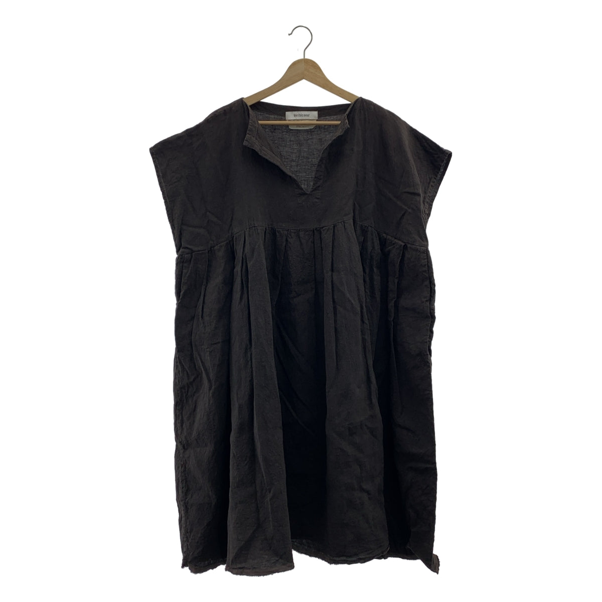 veritecoeur | 亞麻鎖孔領連身裙，帶口袋，寬鬆連身裙 | F 碼 | 女款