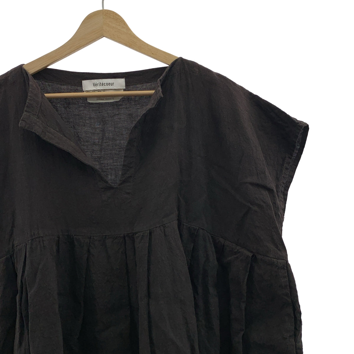 veritecoeur | 亞麻鎖孔領連身裙，帶口袋，寬鬆連身裙 | F 碼 | 女款