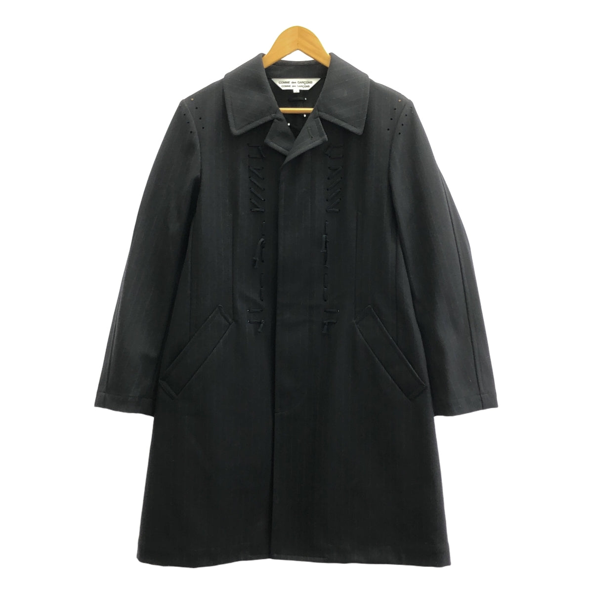 【美品】  COMME des GARCONS COMME des GARCONS / コムコム | 2015AW | レースアップデザイン ストライプ ウール コート | S | ネイビー | レディース