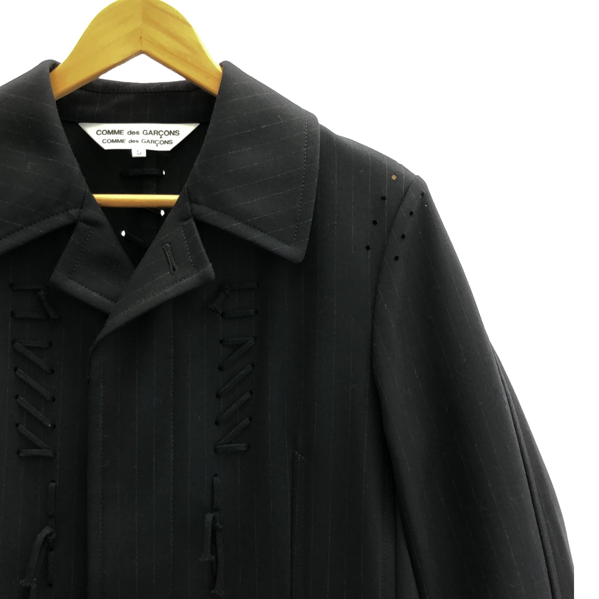 【美品】  COMME des GARCONS COMME des GARCONS / コムコム | 2015AW | レースアップデザイン ストライプ ウール コート | S | ネイビー | レディース