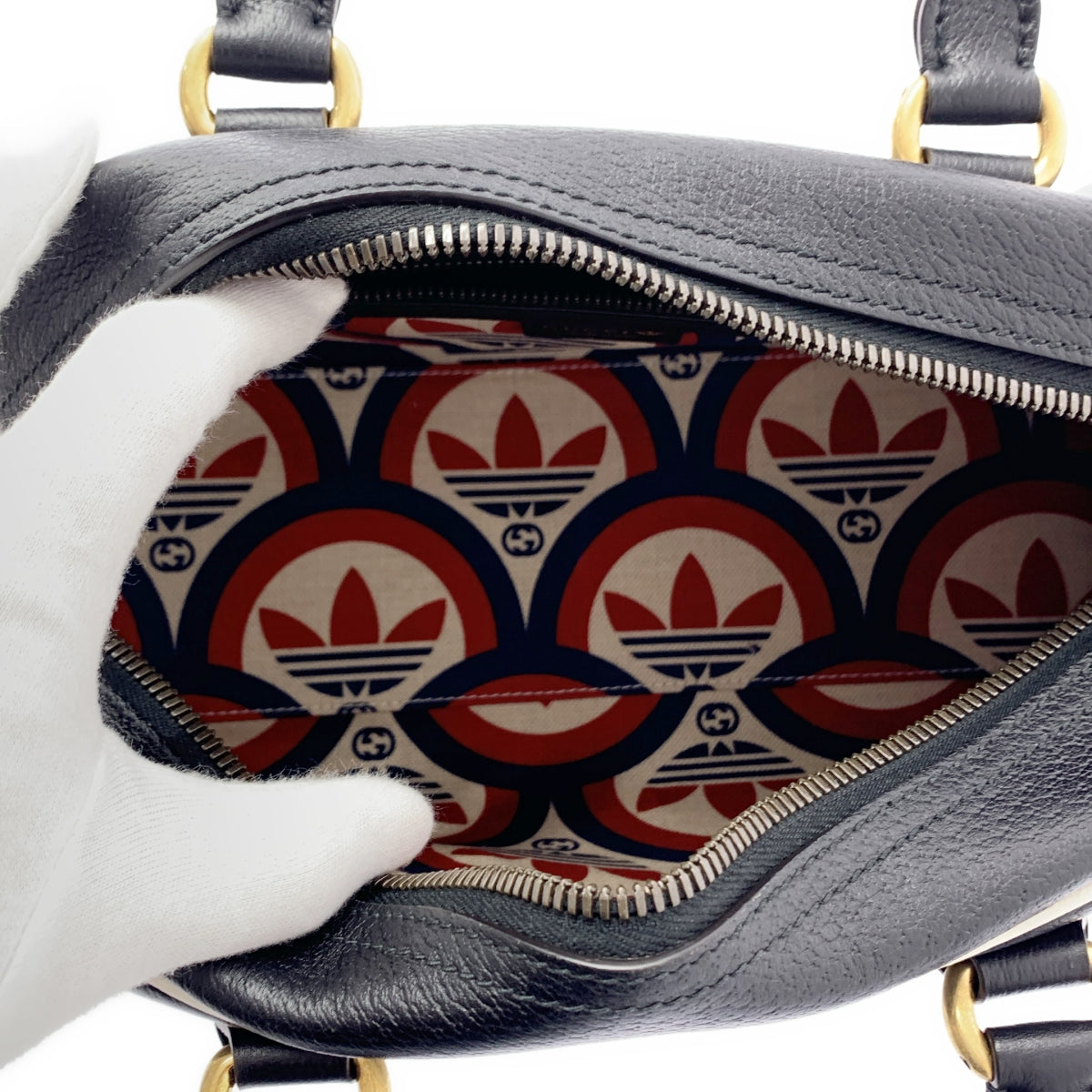 [狀況極佳] GUCCI | x adidas 合作款 702397 皮革標誌印花兩用迷你行李袋 | 黑色 | 女款