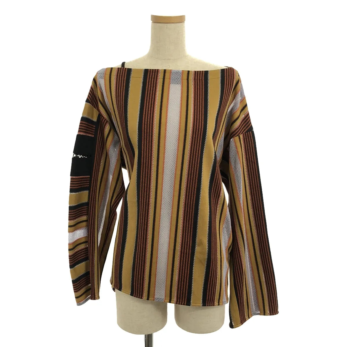 【신품】 Mame Kurogouchi / 마메쿠로고우치 | 2023AW | Raschel Jersey Torchon Lace Stripe Top / 토션 레이스 탑스 | 1 | 브라운 | 여성