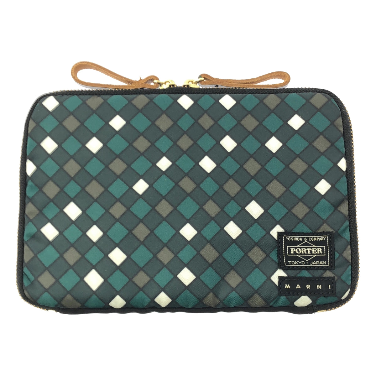 [狀況極佳] MARNI | PORTER 菱形格紋圓形拉鍊手拿包 | 黑色/綠色 | 女款