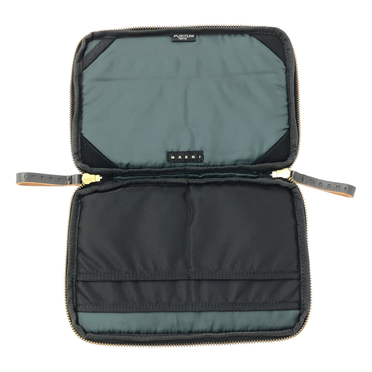 [狀況極佳] MARNI | PORTER 菱形格紋圓形拉鍊手拿包 | 黑色/綠色 | 女款