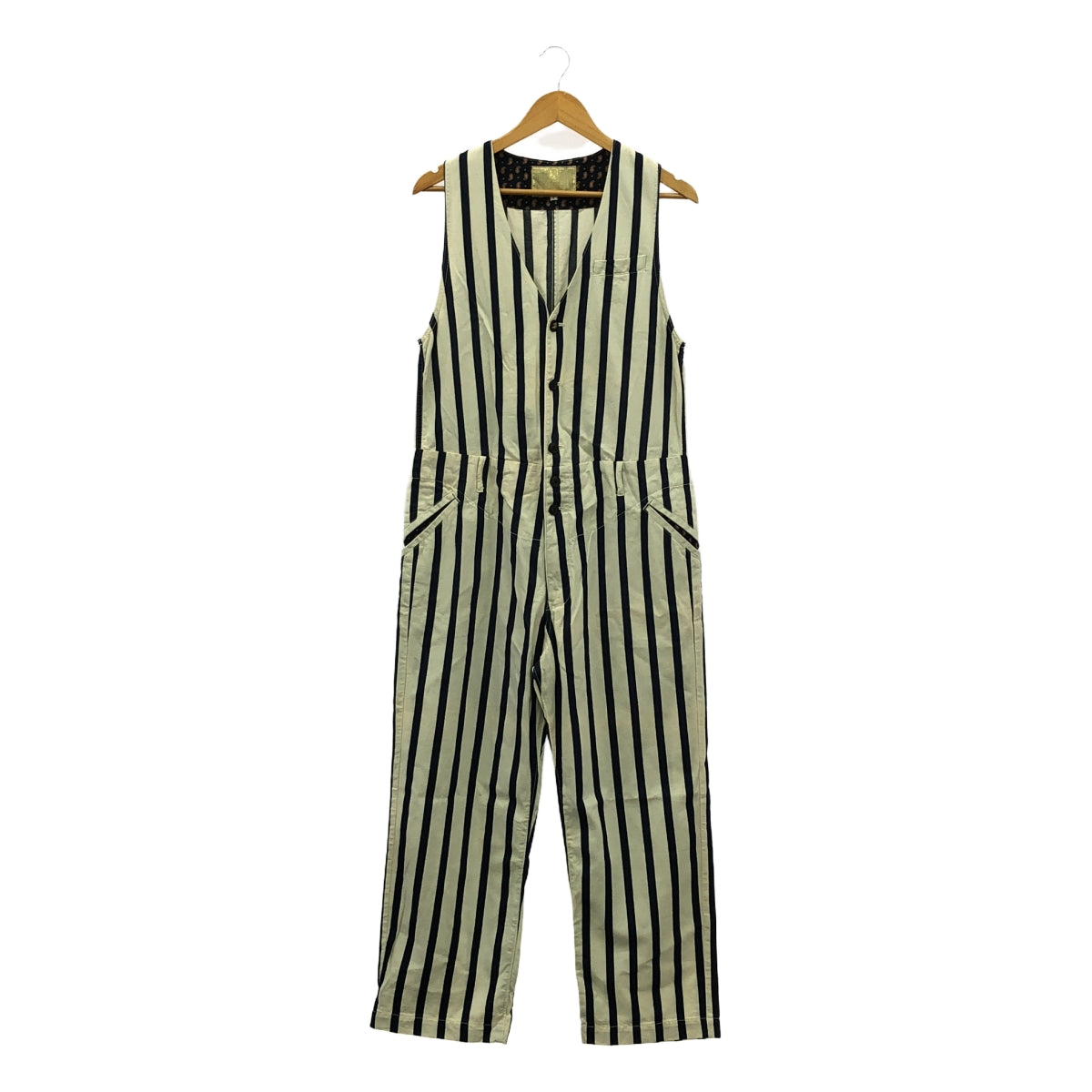 【신품】 Cul de Sac / 칼데삭 | 코튼 스트라이프 올인원 팬츠 | 1 | 화이트 / 네이비 | 여성