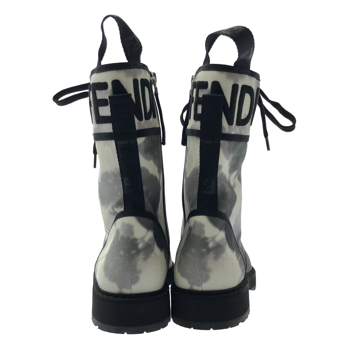 [狀況良好] FENDI | 帆布花卉繫帶靴 | 尺寸 37 | 白色/黑色 | 女款