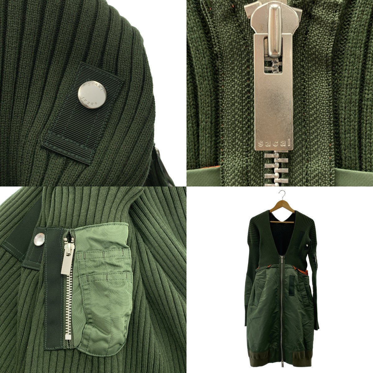 sacai | 2021 春夏 | 針織 x 尼龍斜紋洋裝 | 混合材質對接軍裝針織洋裝 | 尺寸 2 | 女款