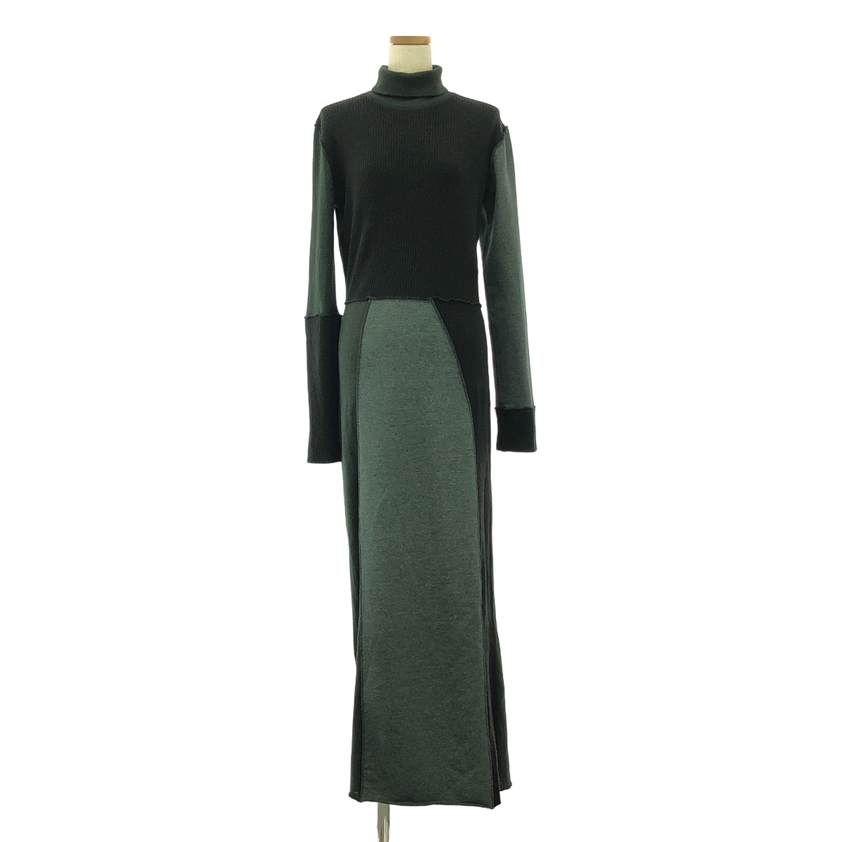 [狀況良好] MM6 Maison Margiela | 拼布長袖洋裝 | 羅紋長裙 | M | 黑色/深綠色 | 女款