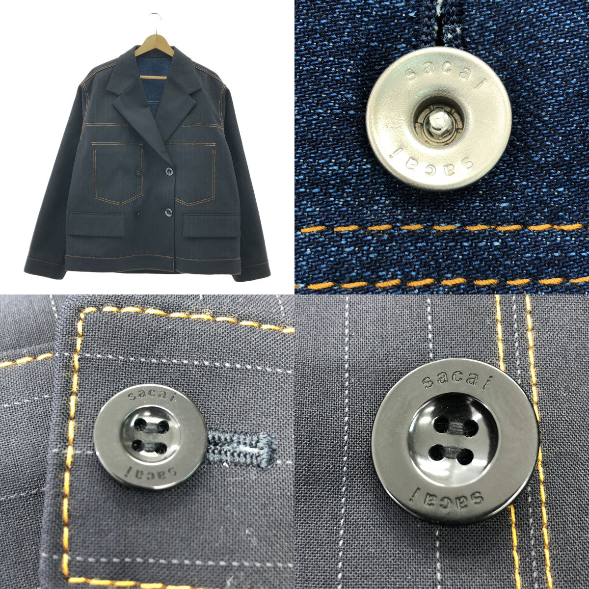 【미품】 sacai / 사카이 | 2024SS | Chalk Stripe Bonding Jacket / 초크 스트라이프 본딩 재킷 | 3 | 블랙/인디고 | 여성