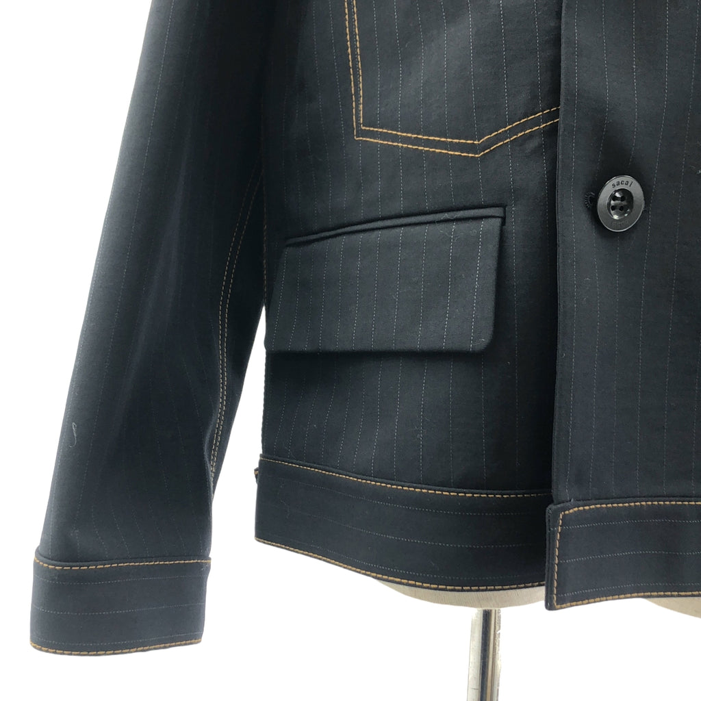 【미품】 sacai / 사카이 | 2024SS | Chalk Stripe Bonding Jacket / 초크 스트라이프 본딩 재킷 | 3 | 블랙/인디고 | 여성