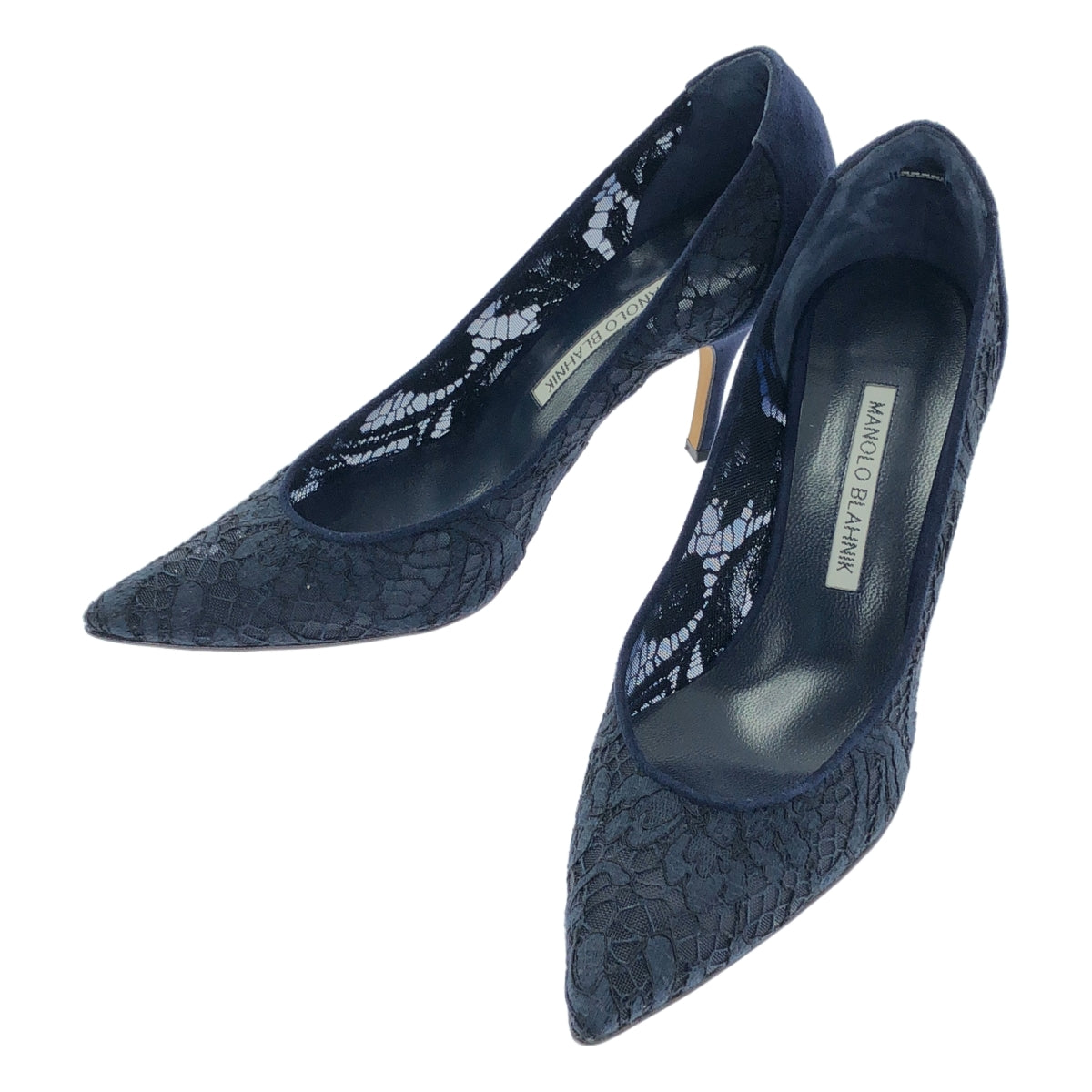 【美品】  MANOLO BLAHNIK / マノロブラニク | レース ポインテッドトゥ ヒール パンプス | 37 1/2 | ネイビー | レディース
