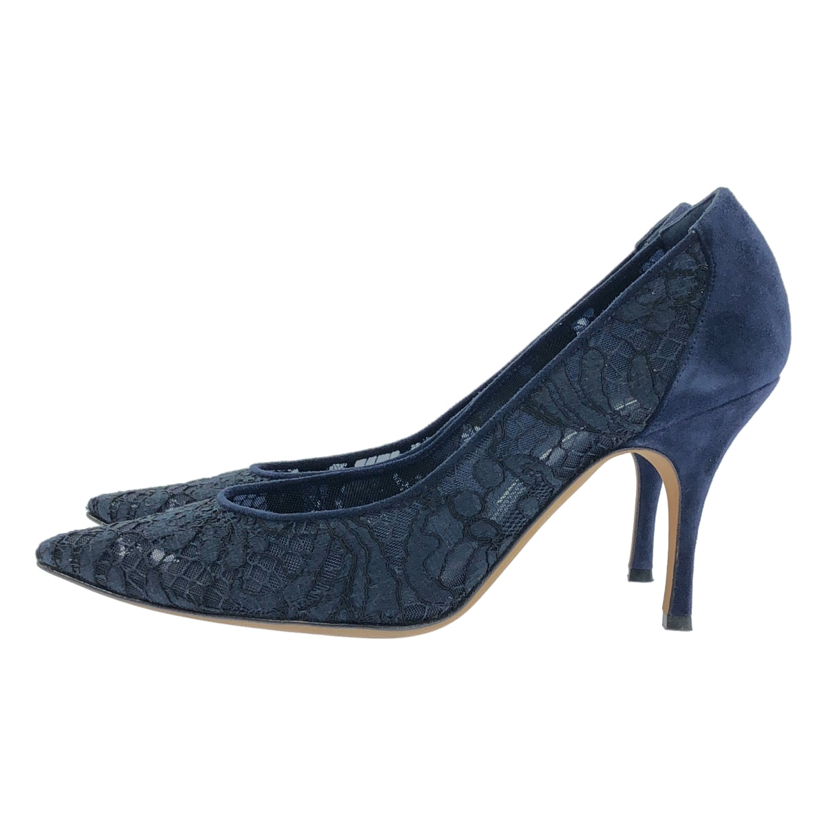【美品】  MANOLO BLAHNIK / マノロブラニク | レース ポインテッドトゥ ヒール パンプス | 37 1/2 | ネイビー | レディース