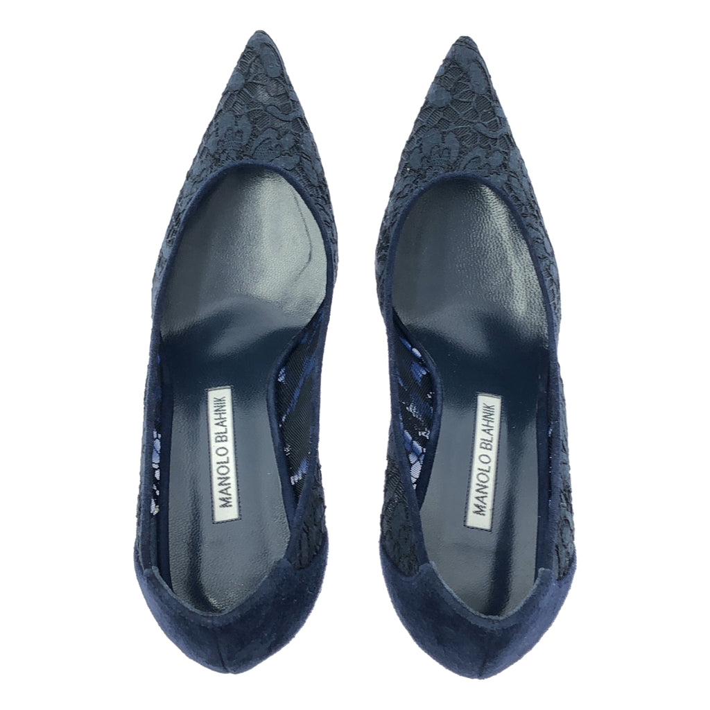 【美品】  MANOLO BLAHNIK / マノロブラニク | レース ポインテッドトゥ ヒール パンプス | 37 1/2 | ネイビー | レディース