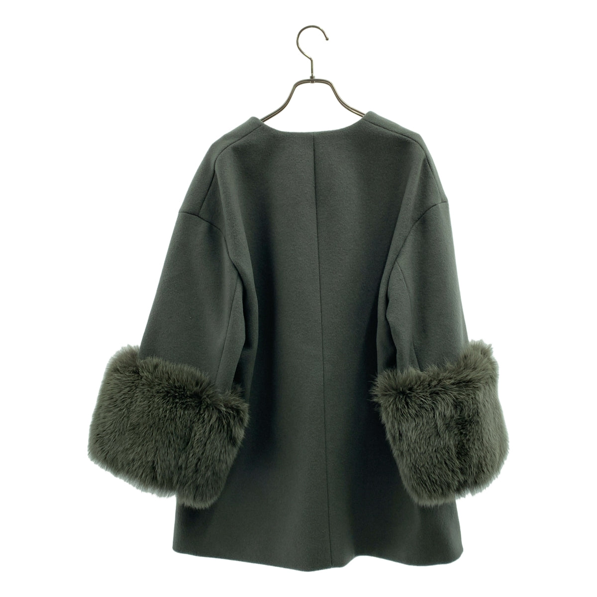 【美品】  UNITED ARROWS / ユナイテッドアローズ | Vノーカラー フォックスファー スリーブ コート | 38 | グリーン系 | レディース