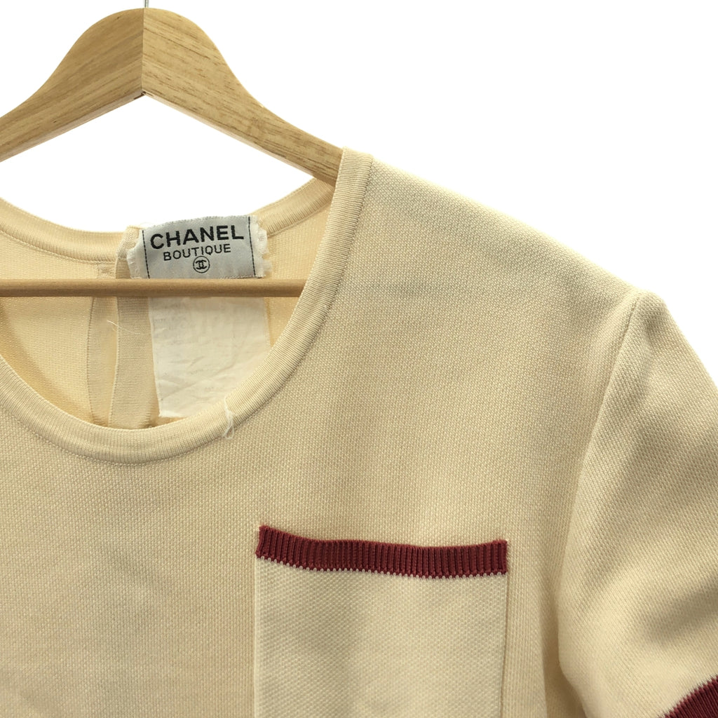 CHANEL / シャネル | バック金ボタン 半袖 トリム ニット ワンピース | 40 | ベージュ / バーガンディー | レディース