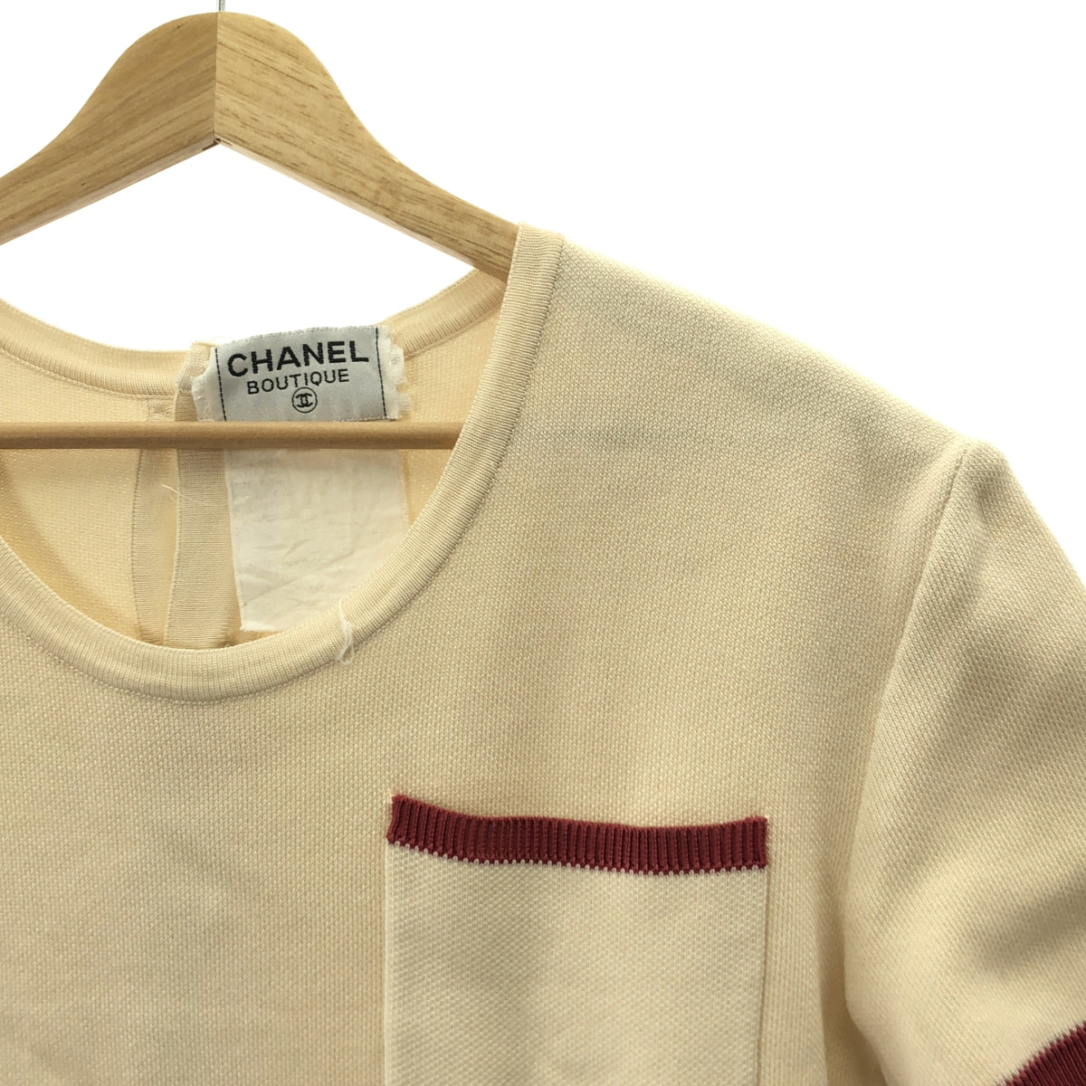 CHANEL / シャネル | バック金ボタン 半袖 トリム ニット ワンピース | 40 | ベージュ / バーガンディー | レディース