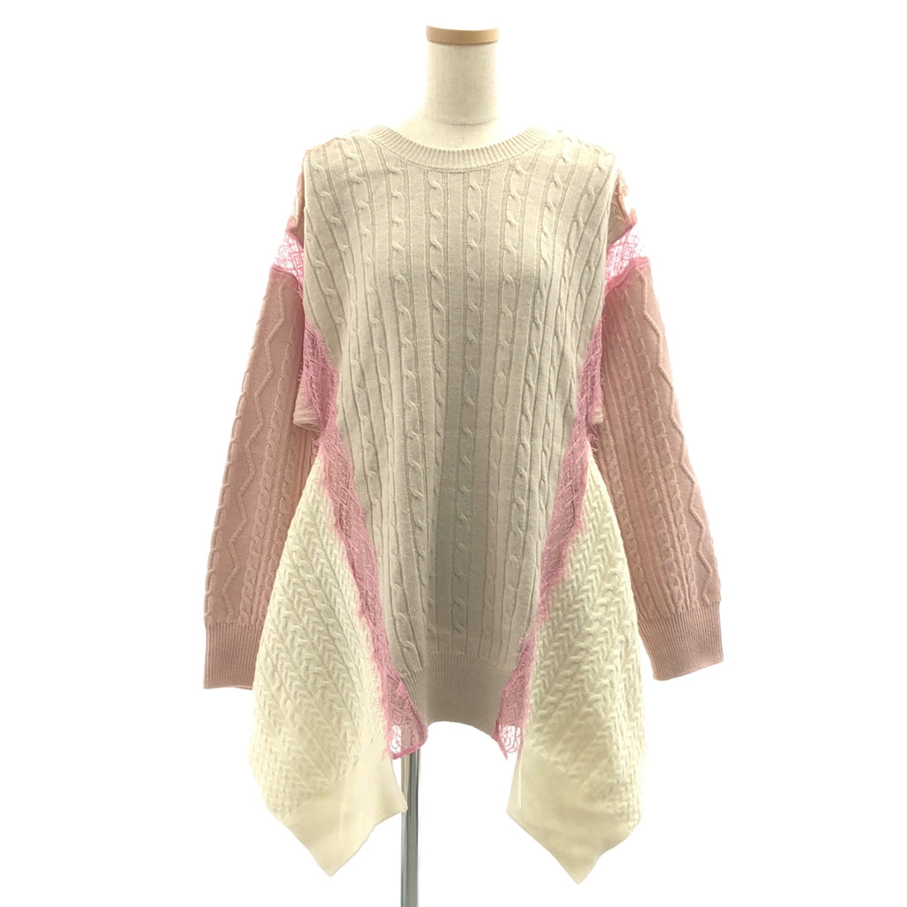 STELLA McCARTNEY / ステラマッカートニー | レース切替 マルチカラー ウール ケーブルニット | 38 | オフホワイト / ピンク / ベージュ | レディース