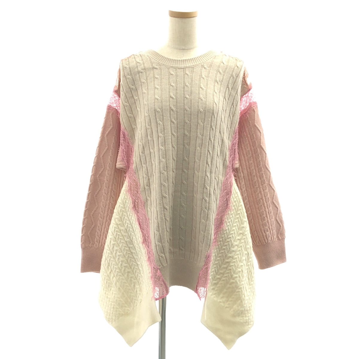 STELLA McCARTNEY / ステラマッカートニー | レース切替 マルチカラー ウール ケーブルニット | 38 | オフホワイト / ピンク / ベージュ | レディース