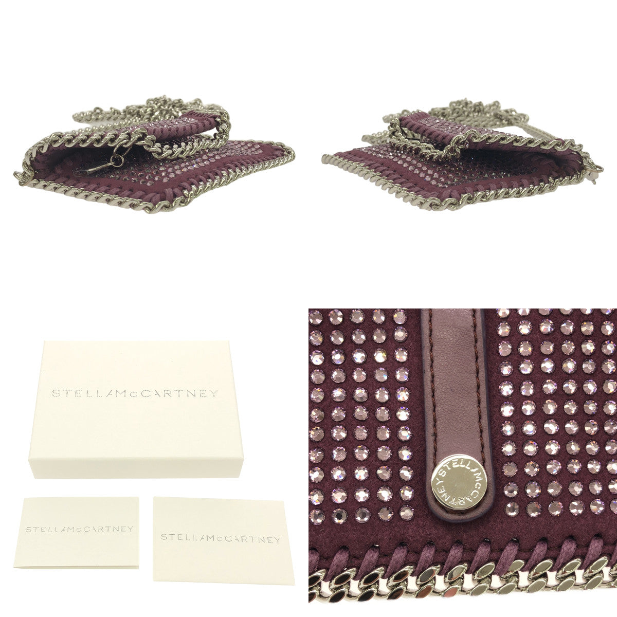 【미품】 STELLA McCARTNEY / 스텔라 맥카트니 | Eco All Over Crystal Card Holder / 가죽 장식 체인 어깨 카드 케이스 미니 파우치 가방 | LIGHT AMETHYST | 여성