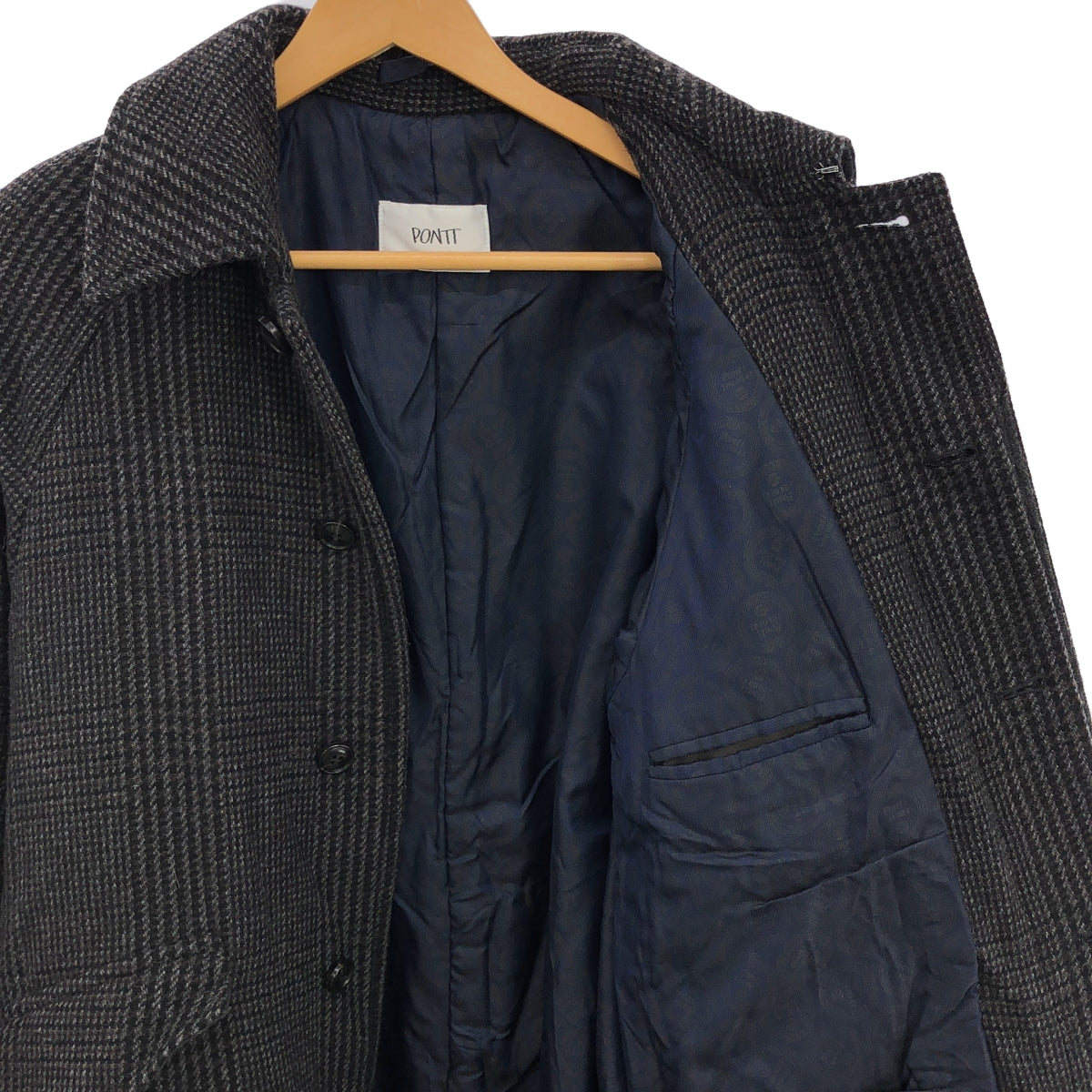 【美品】  PONTI / ポンティ | ウール 千鳥格子柄 中綿入り ベルテッド ステンカラーコート | F | チャコールグレー | レディース