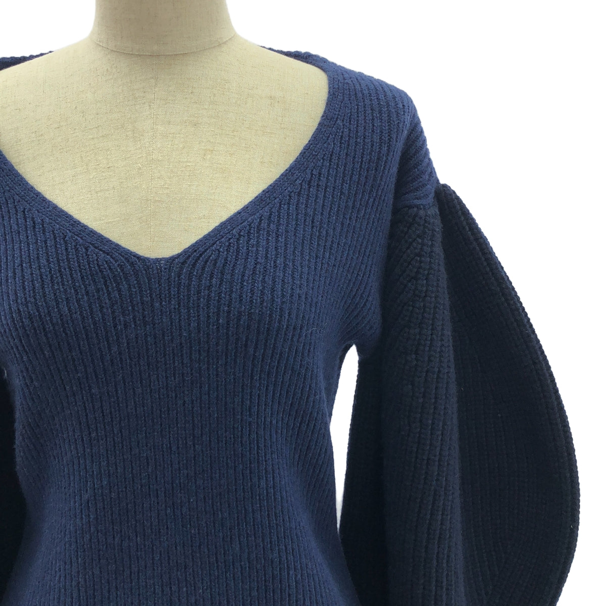【美品】  LOEWE / ロエベ | Balloon sleeve V-neck sweat  / バイカラー バルーン スリーブ ニット | S | ネイビー/ダークネイビー系 | レディース