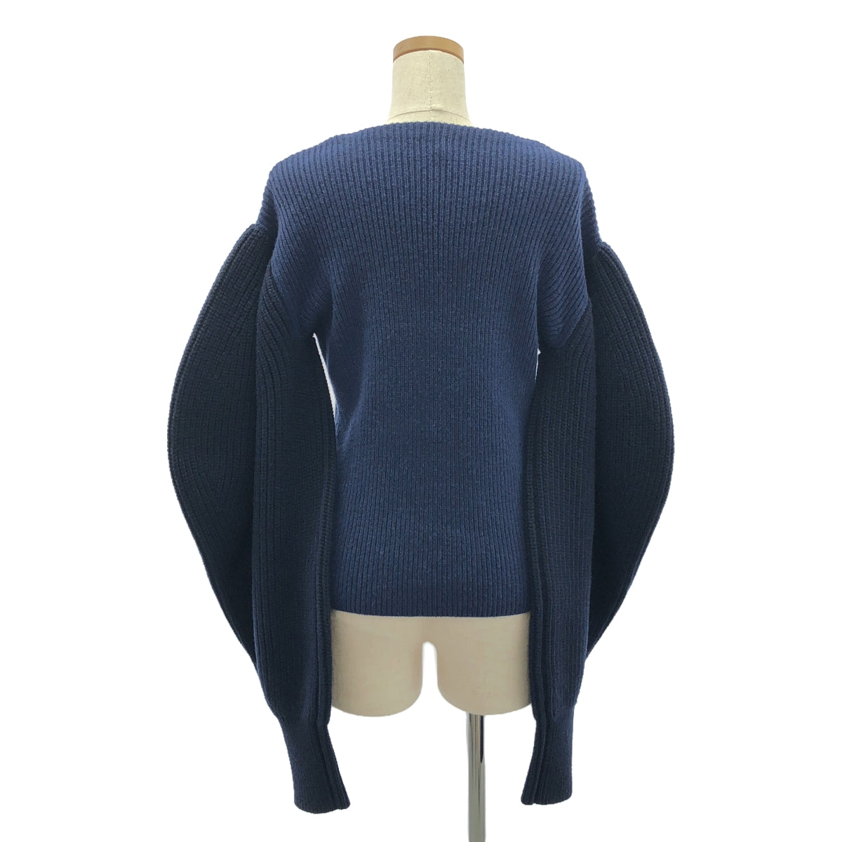 【美品】  LOEWE / ロエベ | Balloon sleeve V-neck sweat  / バイカラー バルーン スリーブ ニット | S | ネイビー/ダークネイビー系 | レディース
