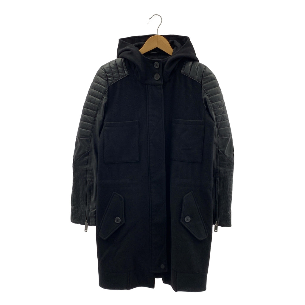 KARL LAGERFELD / カールラガーフェルド | ウール レザー 切替 フーデット コート | 38 | ブラック | レディース