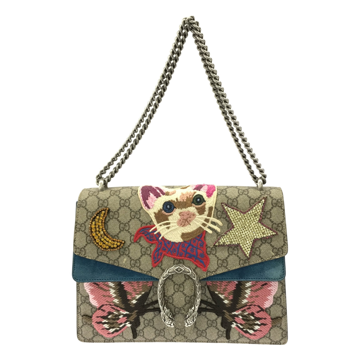 GUCCI / 구찌 | 403348 디오뉴소스 GG스프림 PVC×스웨이드 자수 체인 숄더백 | 베이지 × 멀티 컬러 | 여성