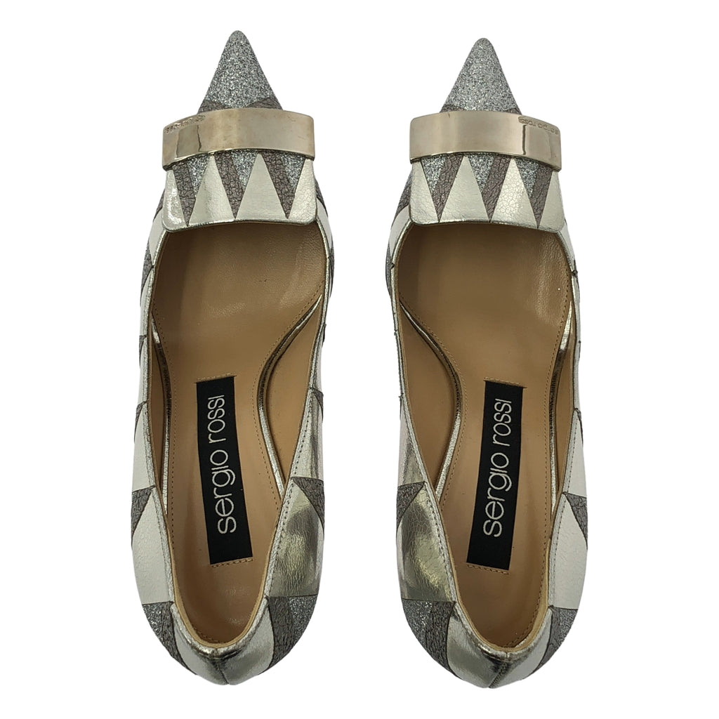 【美品】  sergio rossi / セルジオロッシ | sr1 ポインテッドトゥ メタリック パッチワーク プレート パンプス | 36.5 | シルバー | レディース