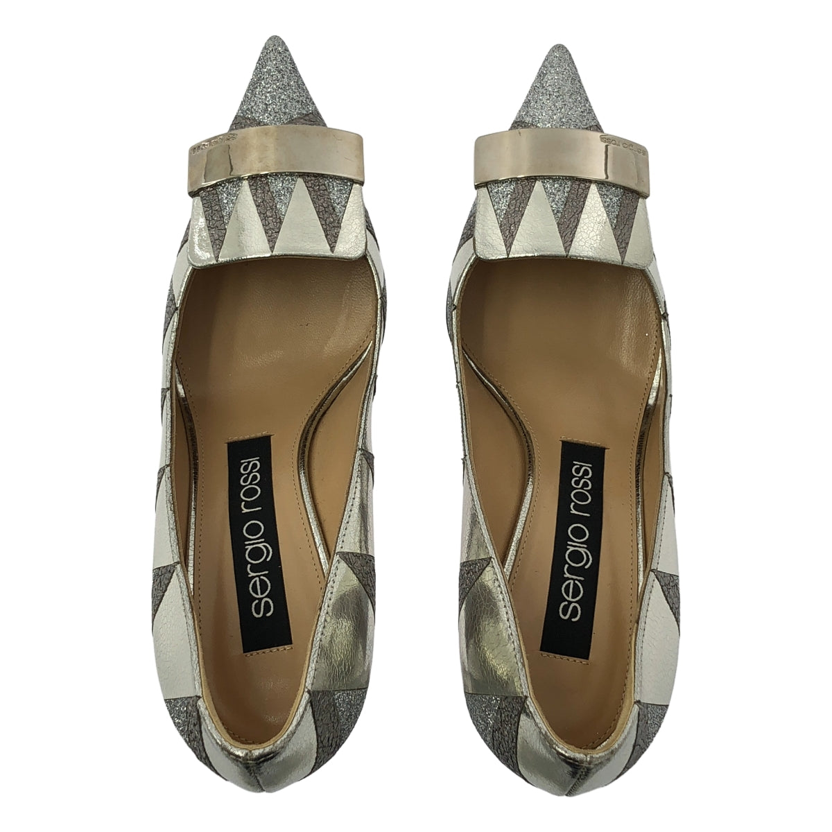 [狀況極佳] Sergio Rossi | SR1 尖頭金屬拼佈板高跟鞋 | 尺寸 36.5 | 銀色 | 女款