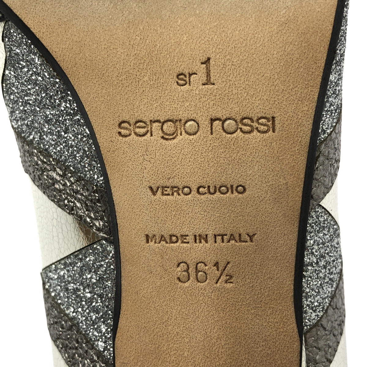 【미품】 sergio rossi / 세르지오로시 | sr1 포인티드 투 메탈릭 패치워크 플레이트 펌프스 | 36.5 | 실버 |
