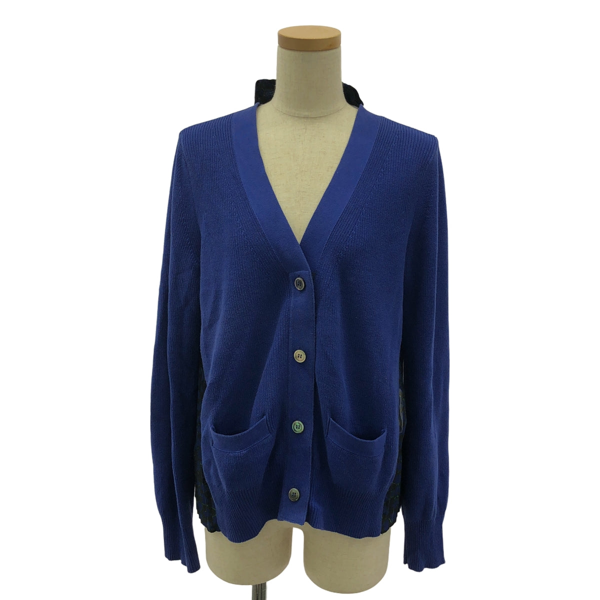 sacai / サカイ | 2016 | バックプリーツ 総柄 Vネックカーディガン | 2 | ブルー/ブラック | レディース