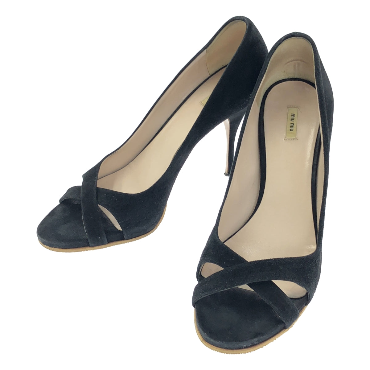 miu miu / 뮤 뮤 | 스웨이드 가죽 힐 펌프스 샌들 | 38 | 블랙 | 여성