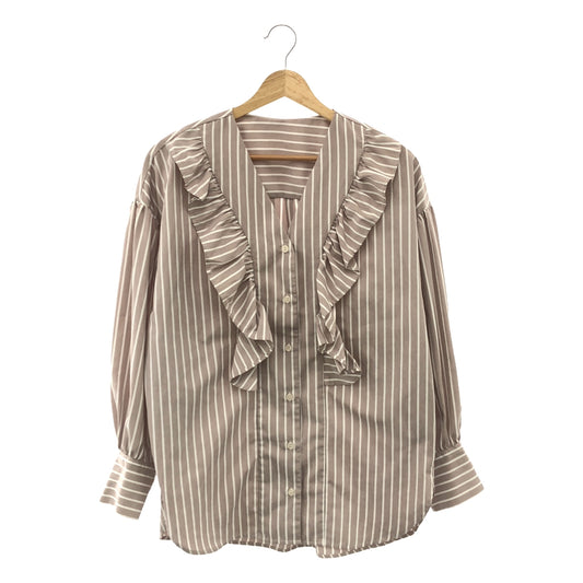 [Good Condition] MACHATT | Ruffled Striped V-neck Blouse | Grey | Women's