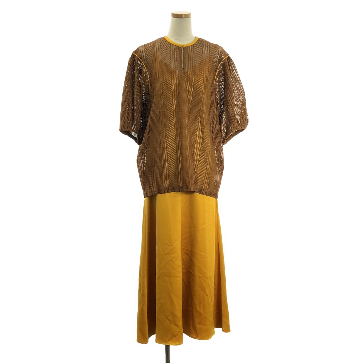 [狀況極佳] CLANE | 條紋蕾絲層疊連身衣 | 0 碼 | 棕色 | 女款