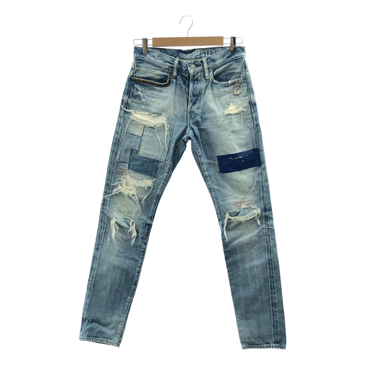 HYSTERIC GLAMOUR / ヒステリックグラマー | ダメージ加工 スタッズ パッチワーク セルビッチ デニムパンツ | 28 | インディゴ | メンズ